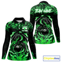 Load image into Gallery viewer, Black and Green Flame Dragon bowling shirts for Women Custom Bowling Team Jersey, gift for Bowler NQS10246