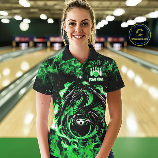 Black and Green Flame Dragon bowling shirts for Women Custom Bowling Team Jersey, gift for Bowler NQS10246