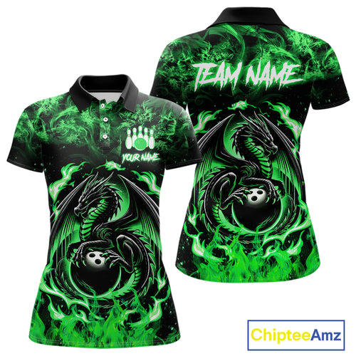 Black and Green Flame Dragon bowling shirts for Women Custom Bowling Team Jersey, gift for Bowler NQS10246
