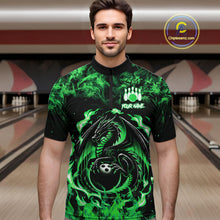 Load image into Gallery viewer, Black and Green Flame Dragon bowling shirts for Men Custom Bowling Team Jersey, gift for Bowler NQS10246