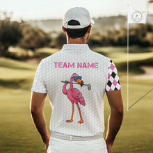 Load image into Gallery viewer, Funny Mens golf polo shirt custom pink and black argyle pattern flamingo white golf shirts NQS10252
