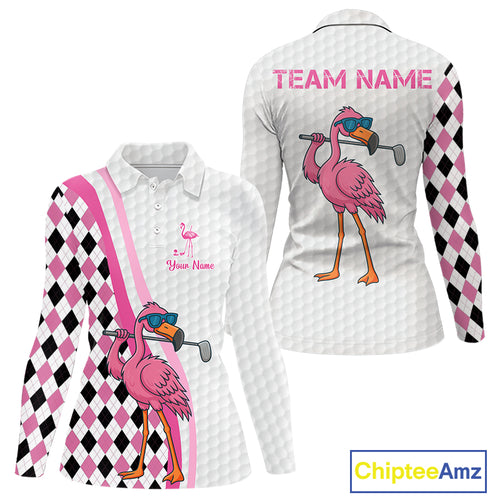 Funny Women golf polo shirt custom pink and black argyle pattern flamingo white golf shirts NQS10252