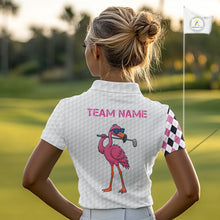 Load image into Gallery viewer, Funny Women golf polo shirt custom pink and black argyle pattern flamingo white golf shirts NQS10252
