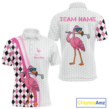 Load image into Gallery viewer, Funny Mens golf polo shirt custom pink and black argyle pattern flamingo white golf shirts NQS10252