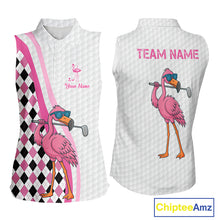 Load image into Gallery viewer, Funny Women Sleeveless Polo Shirt custom pink and black argyle pattern flamingo white golf shirts NQS10252
