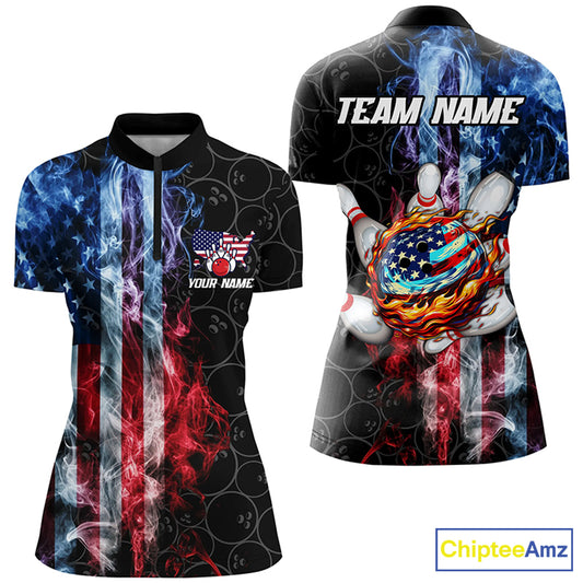 Smoke American Flag Flame Bowling camo Custom Patriotic Bowling Shirts For Women, Bowling Team Jerseys NQS8241