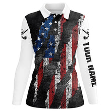 Load image into Gallery viewer, Black and White Grunge American Flag Women golf polo shirts custom Patriotic golf apparel for women NQS8245