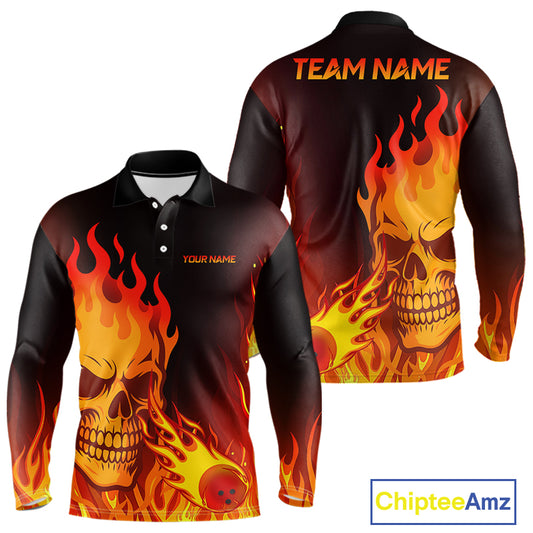 Flame Skull Bowling Polo, Quarter Zip Shirts for Men Custom Skull Fire Bowling Team Outfit Uniform NQS10444