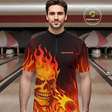 Load image into Gallery viewer, Flame Skull Bowling Polo, Quarter Zip Shirts for Men Custom Skull Fire Bowling Team Outfit Uniform NQS10444