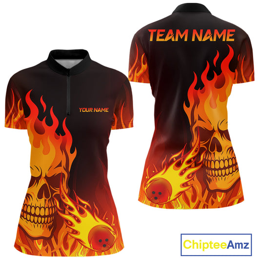 Flame Skull Bowling Polo, Quarter Zip Shirts for Women Custom Skull Fire Bowling Team Outfit Uniform NQS10444