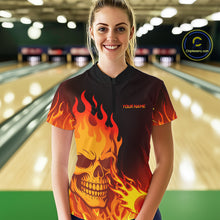 Load image into Gallery viewer, Flame Skull Bowling Polo, Quarter Zip Shirts for Women Custom Skull Fire Bowling Team Outfit Uniform NQS10444
