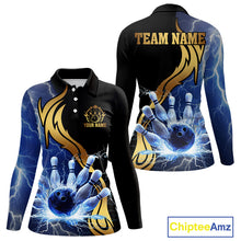 Load image into Gallery viewer, Custom Blue Lightning thunder and Gold Bowling Team Jerseys, Personalized Bowling Shirts for Women NQS10447