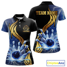 Load image into Gallery viewer, Custom Blue Lightning thunder and Gold Bowling Team Jerseys, Personalized Bowling Shirts for Women NQS10447