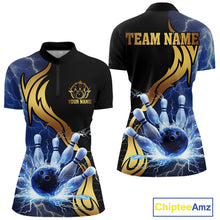 Load image into Gallery viewer, Custom Blue Lightning thunder and Gold Bowling Team Jerseys, Personalized Bowling Shirts for Women NQS10447