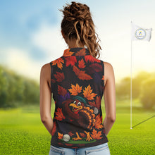 Load image into Gallery viewer, Golf Turkey Thanksgiving Women&#39;s Sleeveless Polo Shirt Orange Autumn Leaf Custom Golf top For Ladies NQS10637