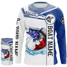 Load image into Gallery viewer, Walleye Fishing American Flag Custom name and boat name performance Long Sleeve Fishing Shirts NQS2358