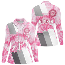 Load image into Gallery viewer, Womens disc golf polo shirt custom name and number pink tie dye personalized disc golf shirts NQS8700