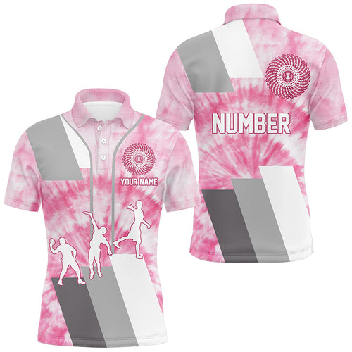 Mens disc golf polo shirt custom name and number pink tie dye personalized disc golf shirts NQS8700