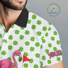 Load image into Gallery viewer, Green shamrock pattern flamingo Men golf polo shirts Custom St Patrick's Day golf outfit for men NQS11246