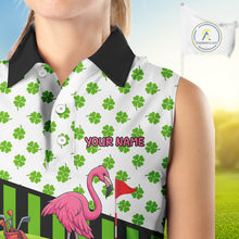 Load image into Gallery viewer, Green shamrock pattern flamingo Women's sleeveless polo shirt Custom St Patrick's Day golf outfit NQS11246
