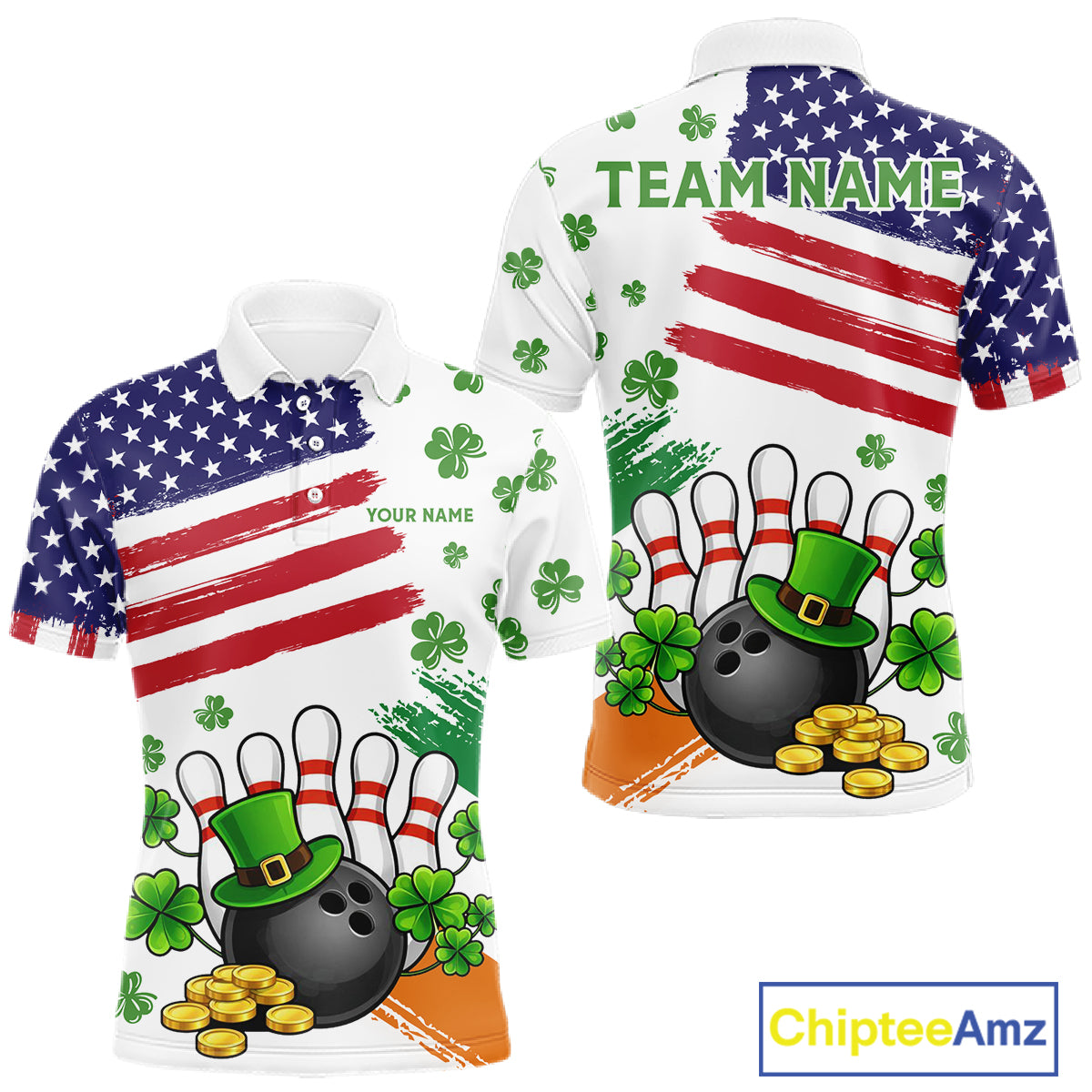 American Flag St Patrick's Day Clover Bowling polo, 1/4 zip shirt for men Custom team bowling jersey NQS11452