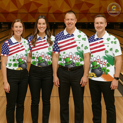 American Flag St Patrick's Day Clover Bowling polo, 1/4 zip shirt for men Custom team bowling jersey NQS11452