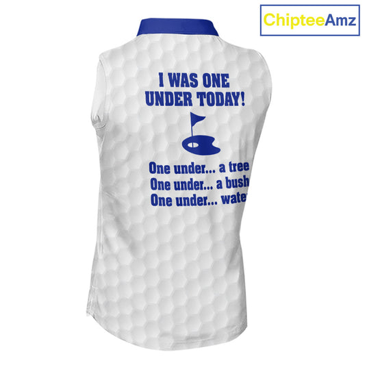 Women sleeveless polo shirt Blue and white custom I was one under today, under a tree, bush, water NQS11636