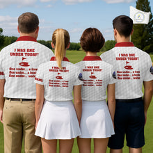 Load image into Gallery viewer, Funny Women golf polo shirts Red and white custom I was one under today, under a tree, bush, water NQS11637