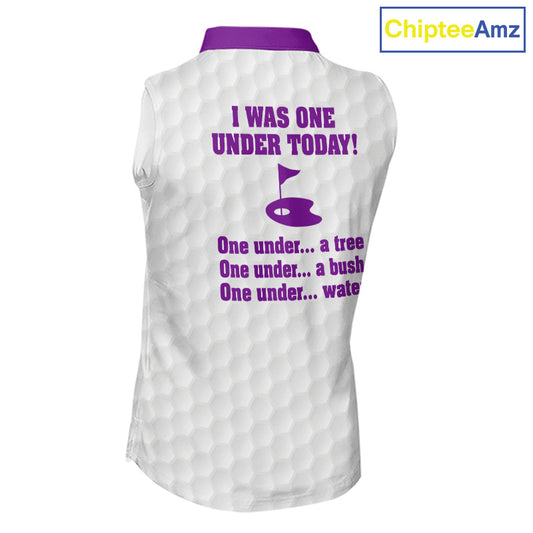 Women sleeveless polo shirt Purple and white custom I was one under today, under a tree, bush, water NQS11638