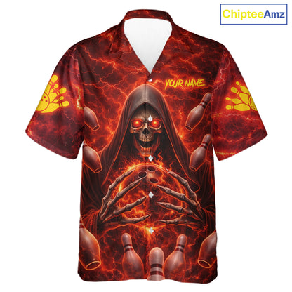 Red Lightning Thunder Skull Reaper Bowling Hawaiian Shirt Custom Team Bowling Button-up Shirt NQS11642