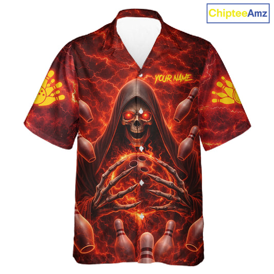Red Lightning Thunder Skull Reaper Bowling Hawaiian Shirt Custom Team Bowling Button-up Shirt NQS11642
