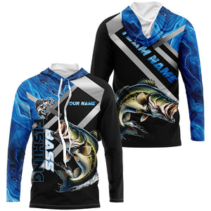 Personalized blue camo Largemouth Bass Long Sleeve Fishing Shirts, Bass Tournament Fishing Jerseys NQS7465