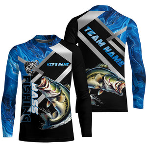 Personalized blue camo Largemouth Bass Long Sleeve Fishing Shirts, Bass Tournament Fishing Jerseys NQS7465