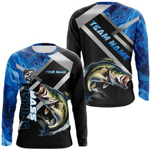 Load image into Gallery viewer, Personalized blue camo Largemouth Bass Long Sleeve Fishing Shirts, Bass Tournament Fishing Jerseys NQS7465