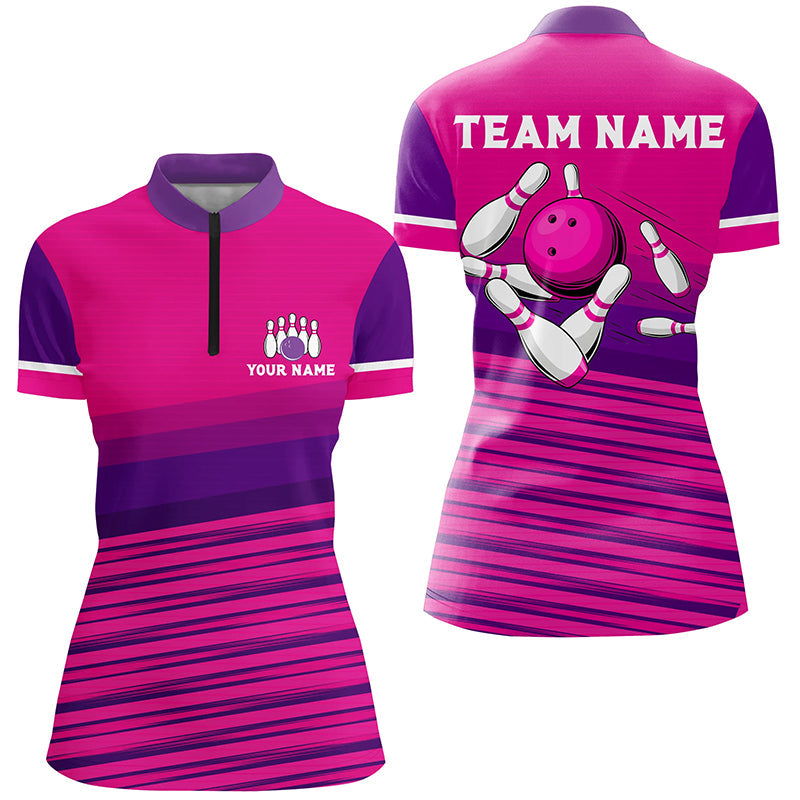 Pink pattern bowling ball and pins custom Women bowling Quarter Zip Shirts, team bowling jerseys NQS7466