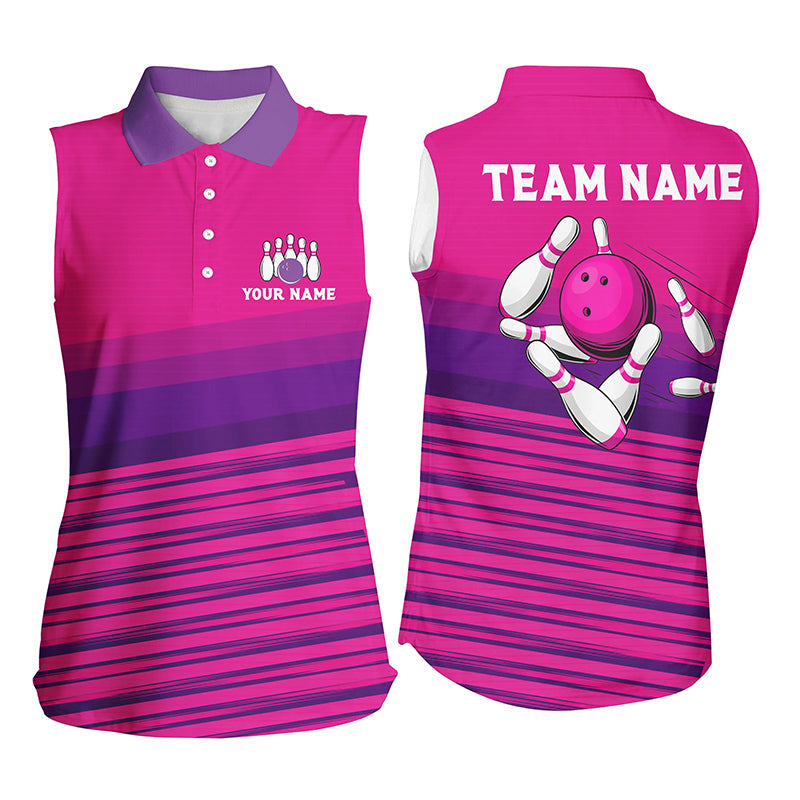 Pink pattern bowling ball pins custom Women bowling sleeveless Polo Shirts, team bowling jerseys NQS7466