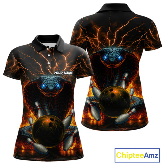 Personalized Orange Flame Thunder Lightning Cobra Snake Bowling Shirt For Women, Bowling Team Jerseys NQS10641