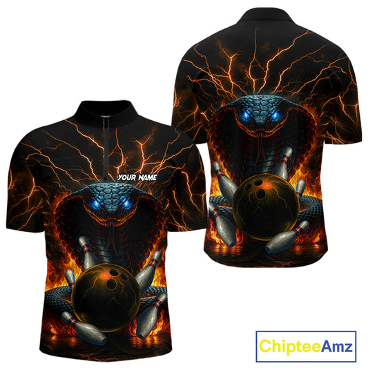 Personalized Orange Flame Thunder Lightning Cobra Snake Bowling Shirt For Men, Bowling Team Jerseys NQS10641