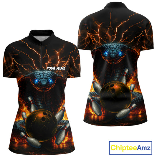 Personalized Orange Flame Thunder Lightning Cobra Snake Bowling Shirt For Women, Bowling Team Jerseys NQS10641