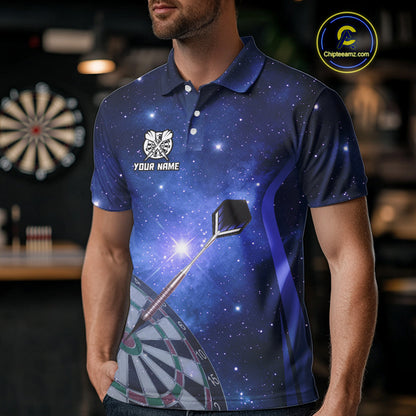 Blue galaxy space pattern Darts Polo, Quarter zip Shirts For Men Custom Team Darts Jersey Outfit NQS10876