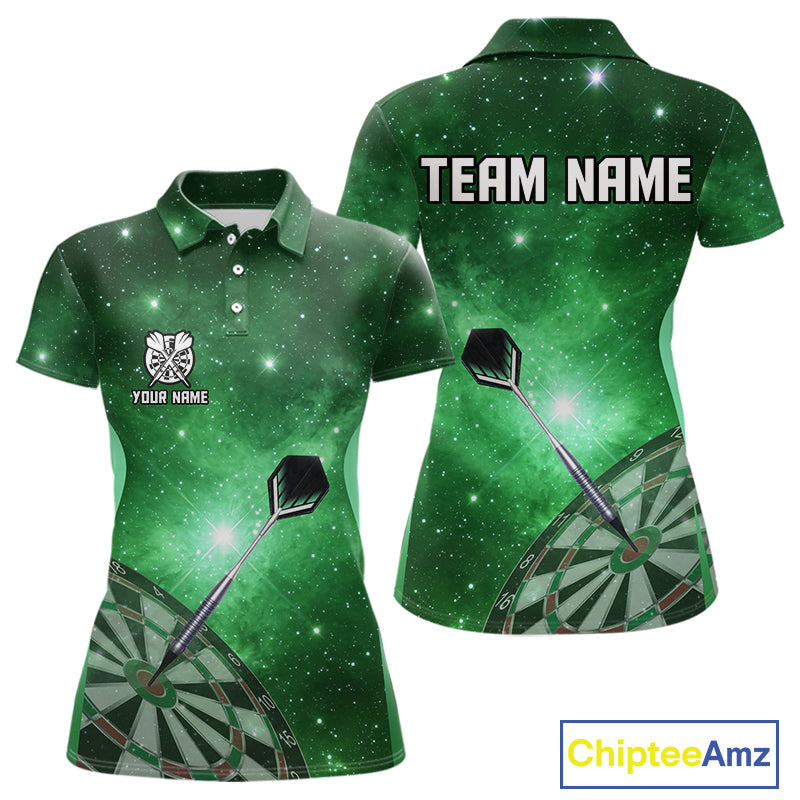 Green galaxy space pattern Darts Polo, Quarter zip Shirts For Women Custom Team Darts Jersey Outfit NQS10877