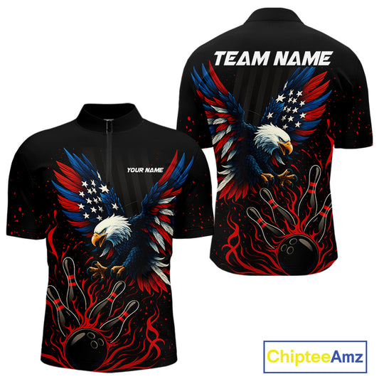 Black and Red Flame American Flag Eagle Bowling Shirts For Men Custom Patriotic Bowling Team Jersey NQS10878