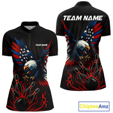 Load image into Gallery viewer, Black and Red Flame American Flag Eagle Bowling Shirts For Women Custom Patriotic Bowling Team Jersey NQS10878