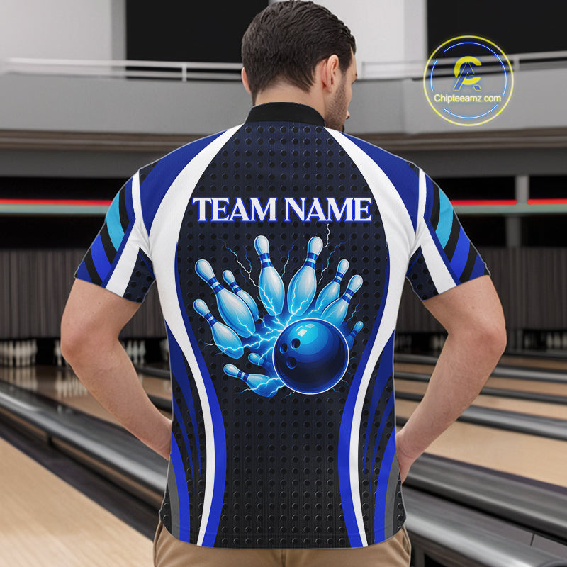 Blue Lightning Thunder Bowling Shirts For Men Custom Bowling Jerseys Men, Best Bowling Shirts NQS10879