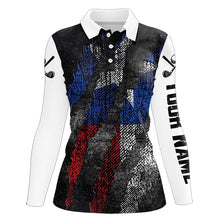 Load image into Gallery viewer, Black and White Grunge Texas Flag Women golf polo shirts custom Patriotic golf apparel for women NQS9377