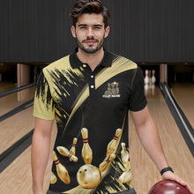 Load image into Gallery viewer, Personalized Black and Gold Bowling Polo, Quarter Zip Shirts For Mens Custom Bowling Team Jersey NQS9531