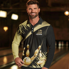Load image into Gallery viewer, Personalized Black and Gold Bowling Polo, Quarter Zip Shirts For Mens Custom Bowling Team Jersey NQS9531