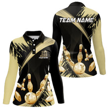 Load image into Gallery viewer, Personalized Black and Gold Bowling Polo, Quarter Zip Shirts For Women Custom Bowling Team Jersey NQS9531