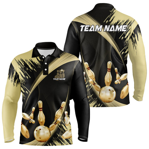 Personalized Black and Gold Bowling Polo, Quarter Zip Shirts For Mens Custom Bowling Team Jersey NQS9531