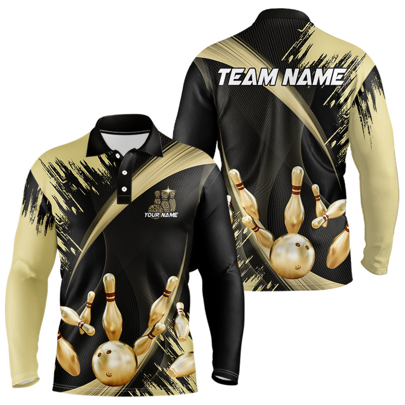 Personalized Black and Gold Bowling Polo, Quarter Zip Shirts For Mens Custom Bowling Team Jersey NQS9531